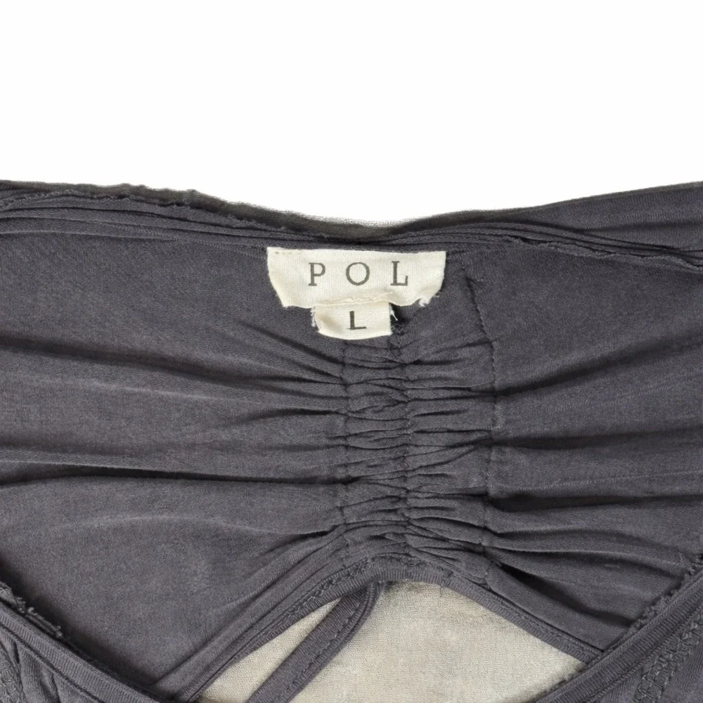 POL Charcoal Gray V-Neck Back Cutout Ruched Tie Top RCT387 Large - Picture 5 of 7